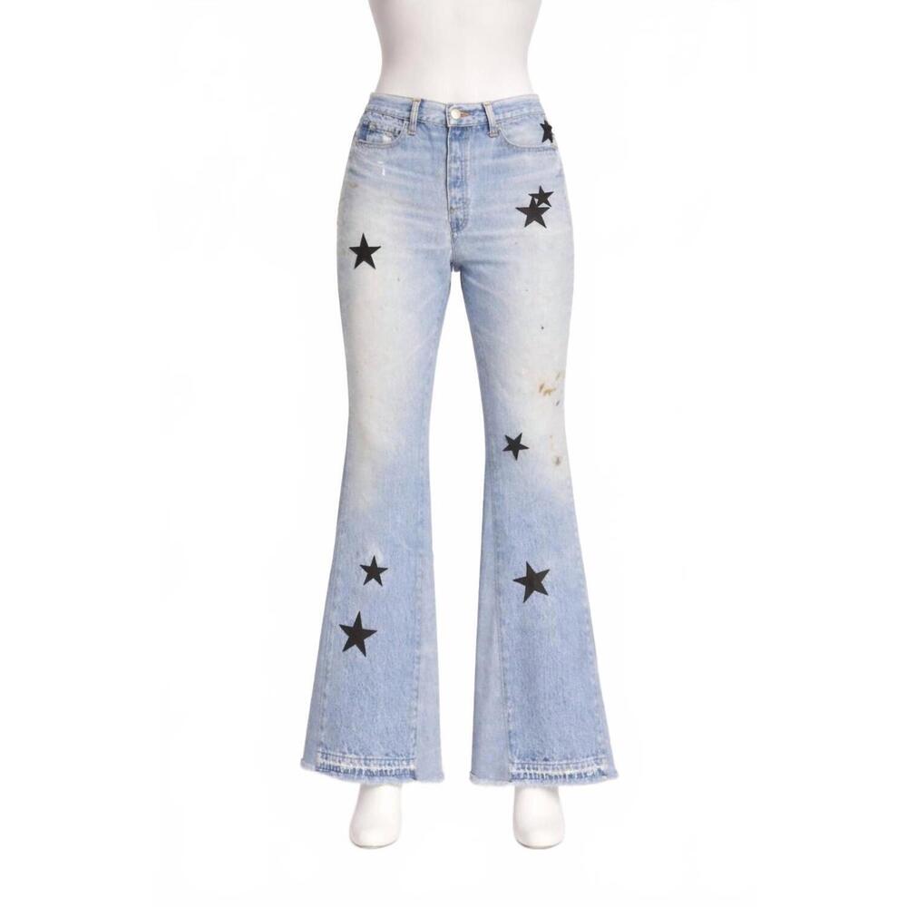 NEW AMIRI women's leather star recon flare jeans in multi indigo